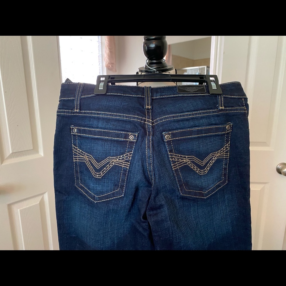 Harley Davidson blue jeans.